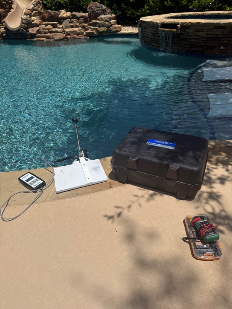 Anderson Leakalyzer setup during a certified pool inspection in Central Texas