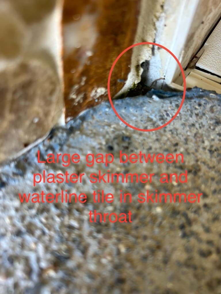 Gap between plaster and skimmer throat identified as leak source — Lago Vista