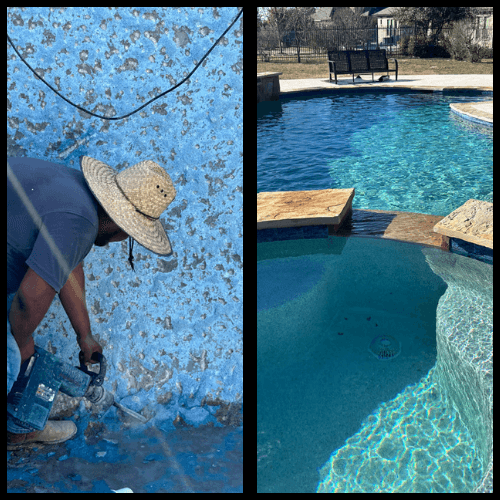 Before and after pool replaster project in Leander, Texas